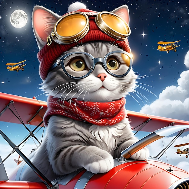 Moon is a grey cat who loves to pilot her biplane She's excited to be coming home for Christmas and