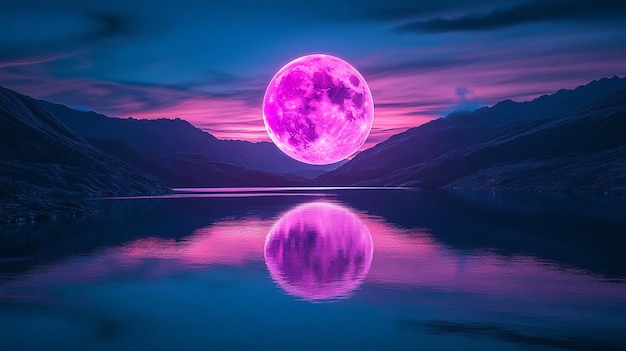 Photo the moon is a pink color and the purple is a reflection of the sky