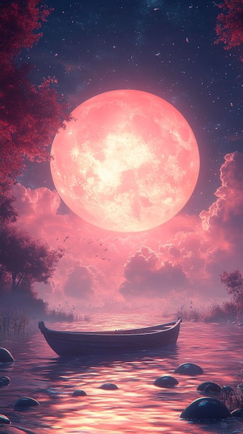 the moon is a pink moon that is overcast and the water is a beautiful purple moon