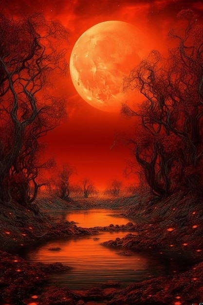 The moon is a red moon that is over the water.