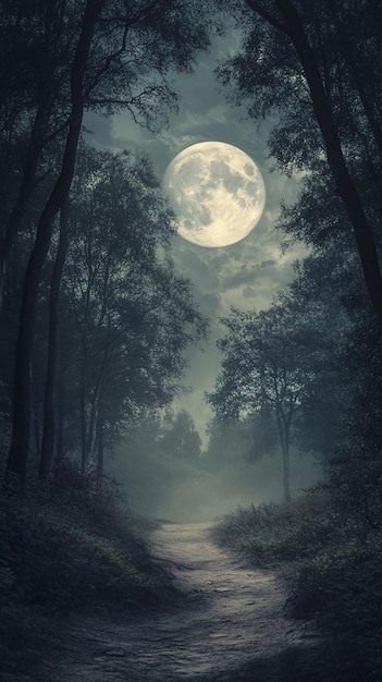 the moon is rising over the forest