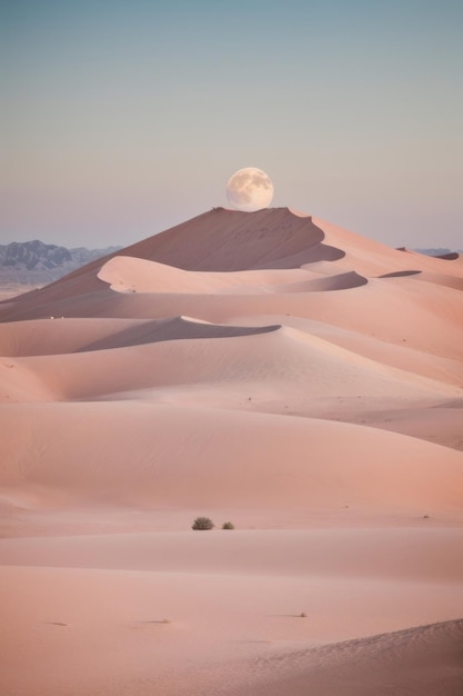 The moon is in a sandy pink desert Landscape beautiful nature empty space for advertising