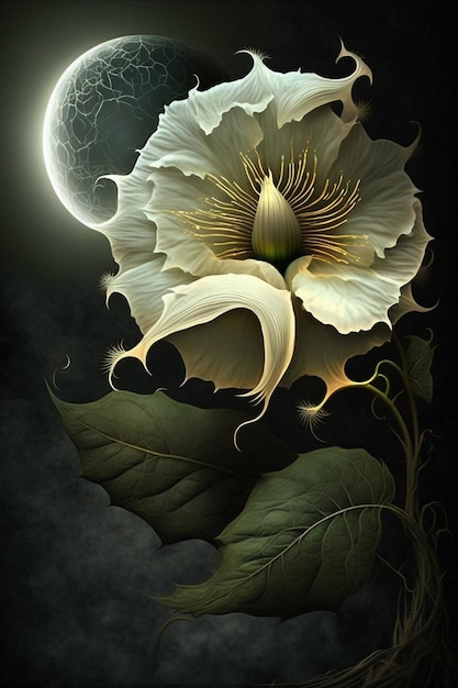 The moon is shining on a flower.