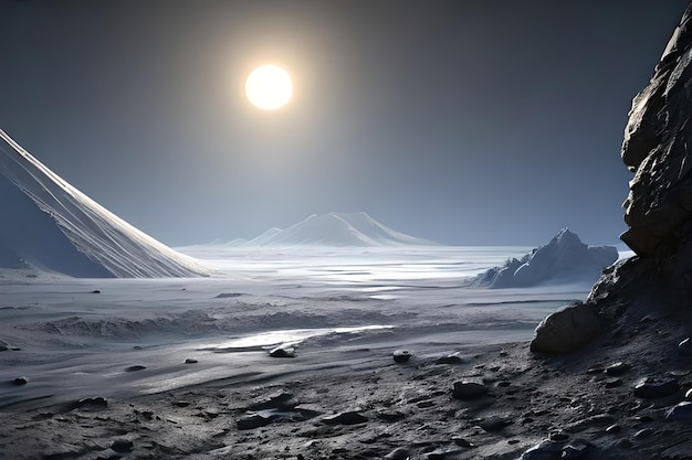 A moon is shining over a frozen desert.