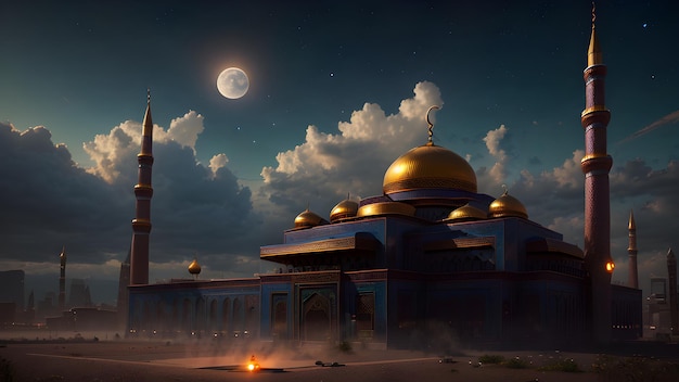 The moon is shining over a mosque