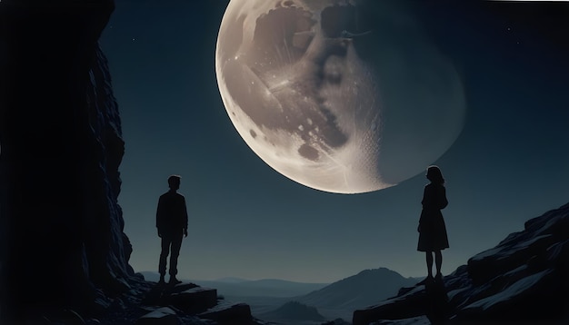 A moon is shining over a mountain and the people are looking at the moon