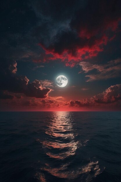 the moon is shining over the ocean and the moon is red