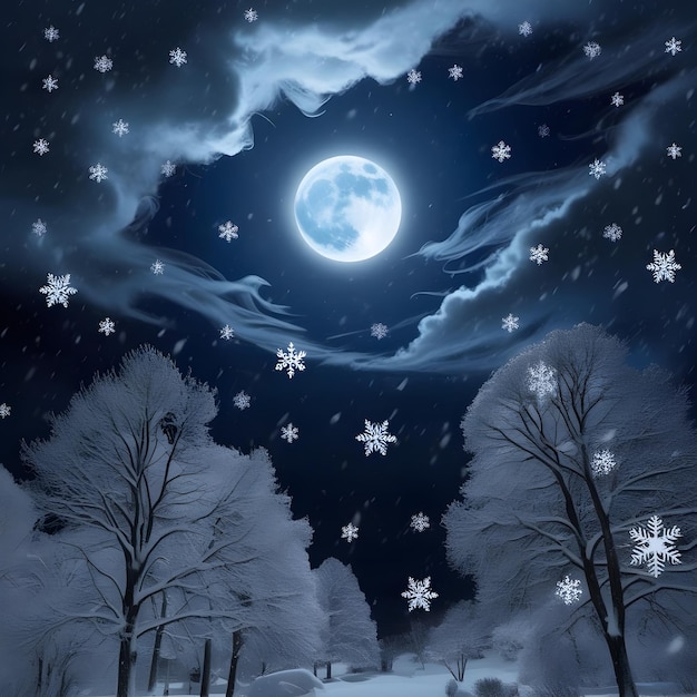 a moon is shining over a snowy landscape with trees and a moon