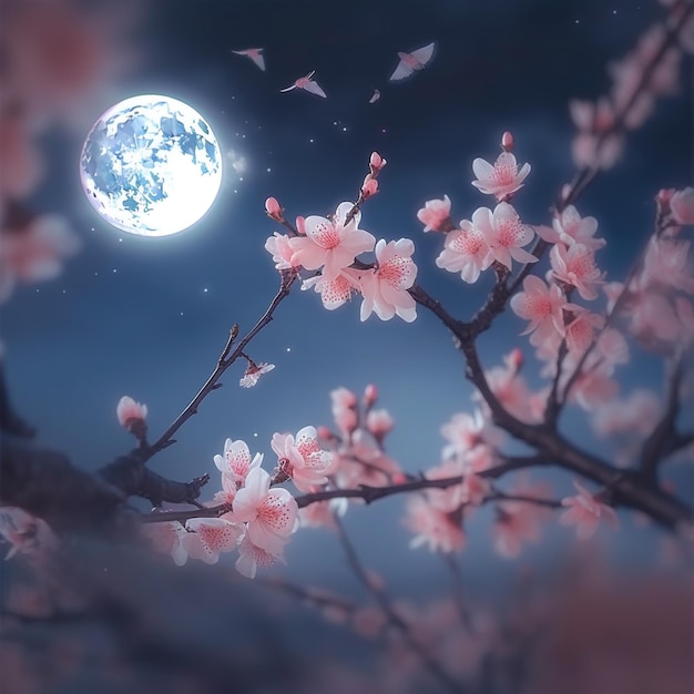 A moon is in the sky above a cherry blossom tree