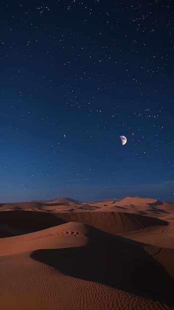 a moon is visible over the desert and the sky is blue