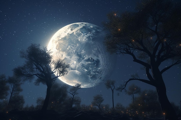 A moon is visible over a forest with trees and the moon in the background.