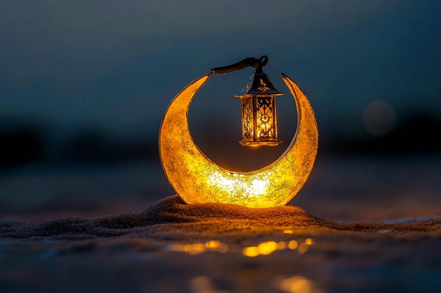 Photo a moon and a lamp on the beach at night