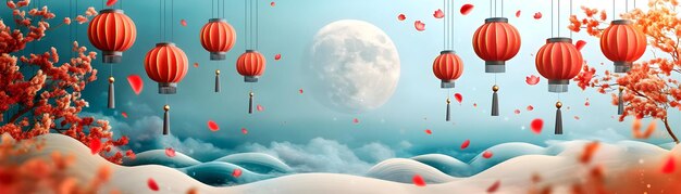 Moon and Lanterns with Mid Autumn Festival Text concept as A vector illustration combining the moon