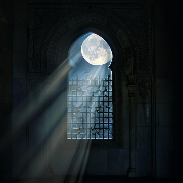 Moon light shine through the window into islamic mosque interior eye reflection