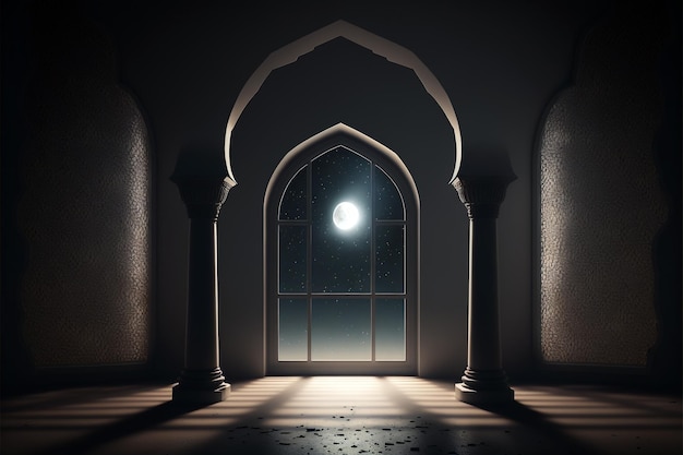 moon light shine through the window into islamic mosque interior, generative ai