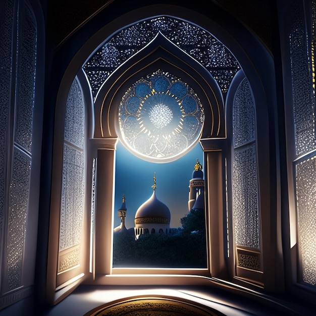 Moon light shine through the window into islamic mosque interior