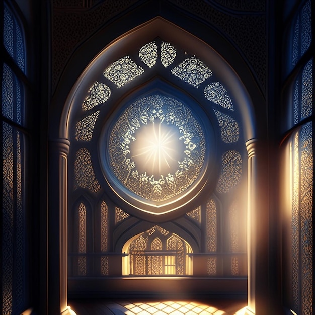 Moon light shine through the window into islamic mosque interior