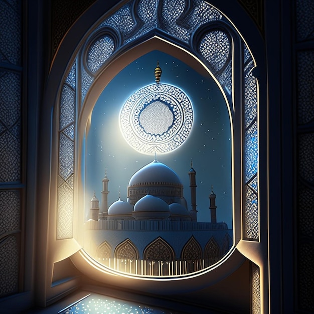 Moon light shine through the window into islamic mosque interior