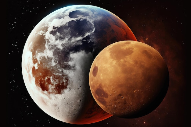 Moon of Mars and the red planet itself space banner elements of this image are furnished by NASA