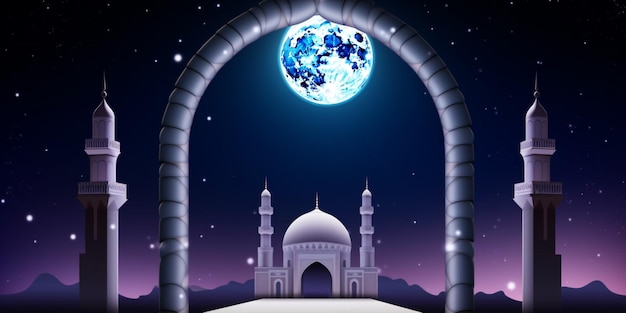 A moon over a mosque with a moon in the background