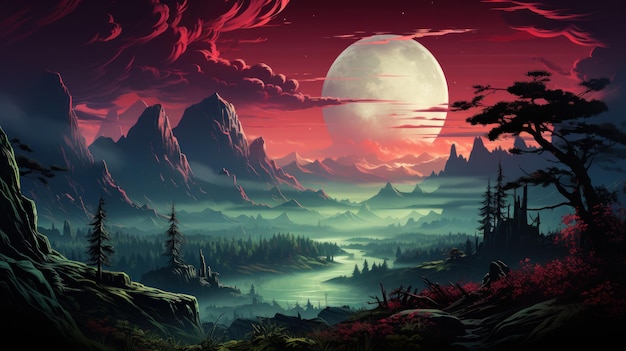 Moon over the mountains with red and black theme Ai Generated