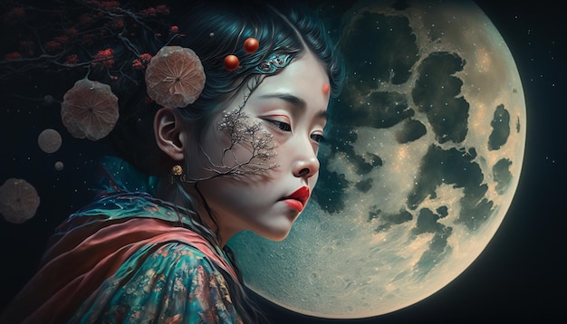 Moon night Japanese temple wallpaper image Ai generated art