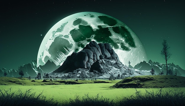 Moon night mountain death tree image Ai generated art