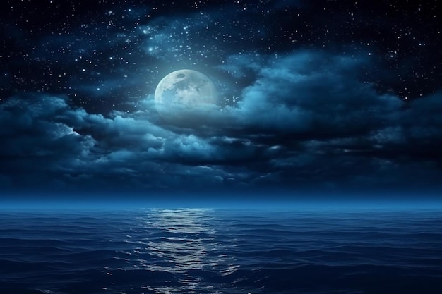 The moon in the night sky over the sea