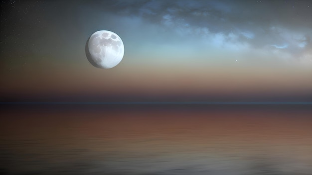 A moon over the ocean with a cloudy sky