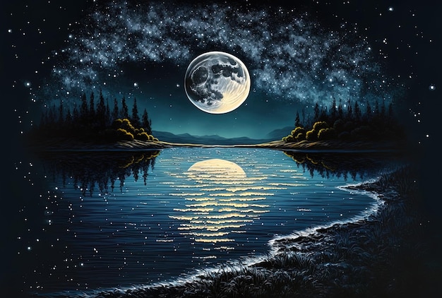 Moon reflected on the water against a brilliant starry night sky