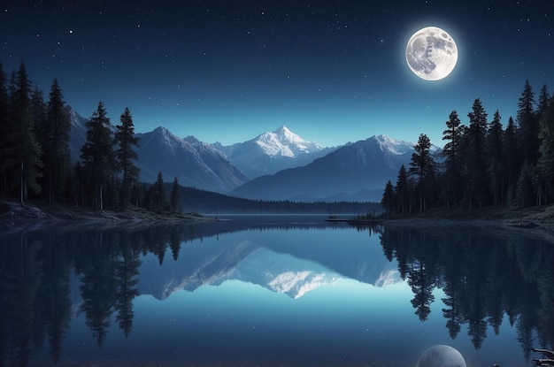 Photo moon reflecting on glasslike lake at midnight