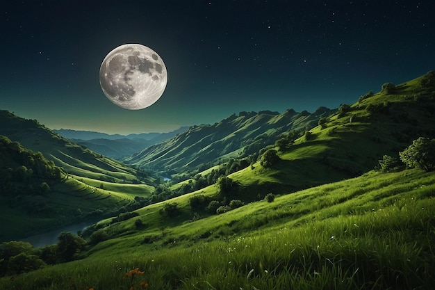 A moon rising over a lush green valley