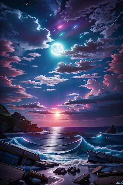 The moon's violet rays fall on the sea