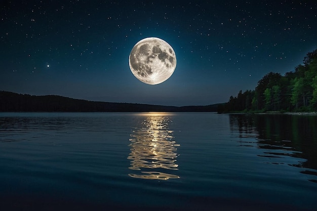 Moon over a serene lake nature wallpaper