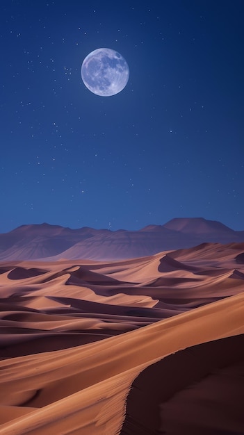 a moon shines over the desert at night