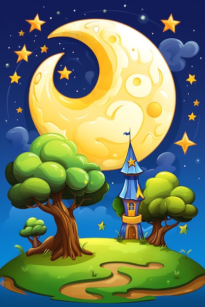 Moon and star in night sky cartoon