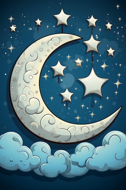 Moon and star in night sky cartoon