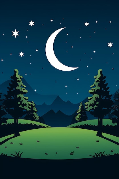 Moon and star in night sky cartoon