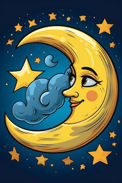 Moon and star in night sky cartoon