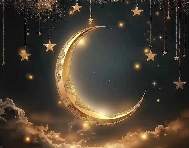 a moon and stars are in the sky with a gold crescent