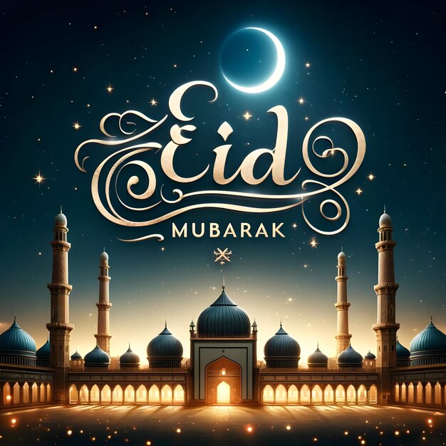 A moon and stars backdrop featuring an Eid Mubarak