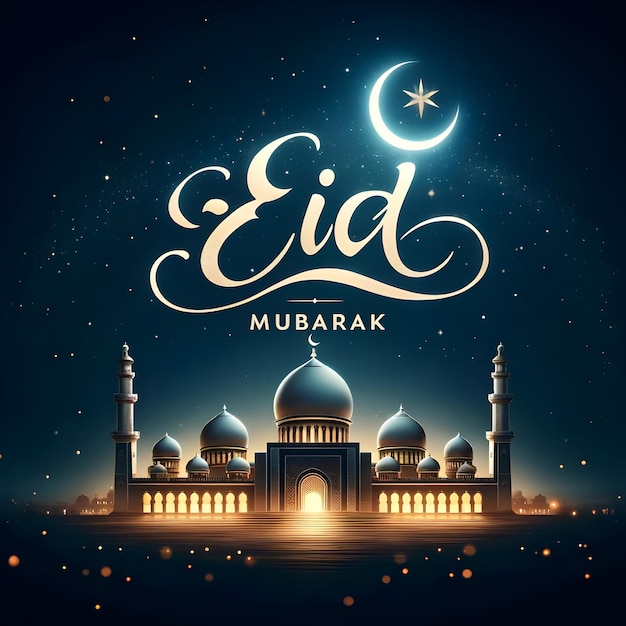 A moon and stars backdrop featuring an Eid Mubarak