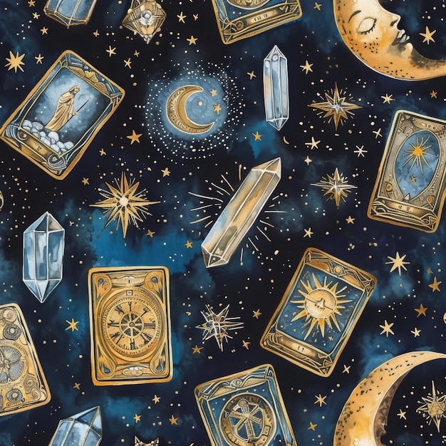 Moon Stars Crystals and Tarot Cards Pattern