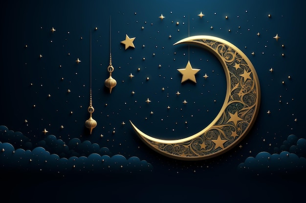 Moon and stars on a starry night sky for Mawlid