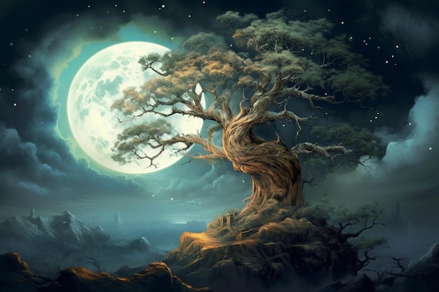 Moon and Tree Fantasy Art Wallpaper