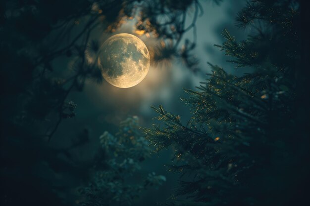 Photo moon and trees light and shadow interplay in mystical background