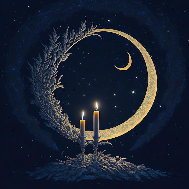 A moon and two candles are lit in a circle with a crescent moon in the background.