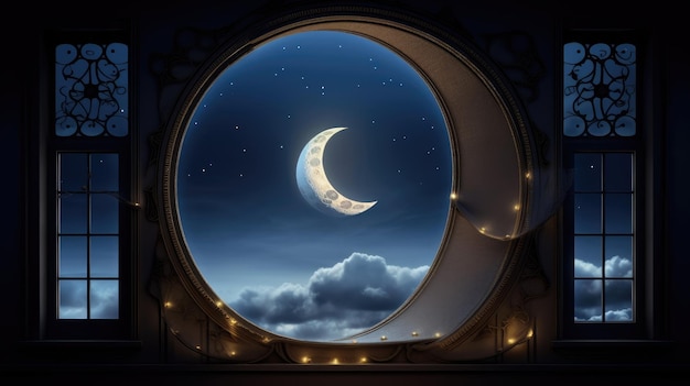 Moon in a window with stars and clouds