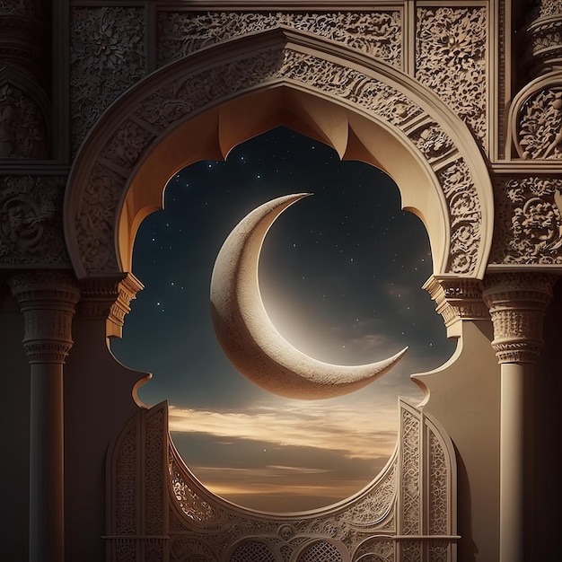 A moon in a window with a sunset in the background