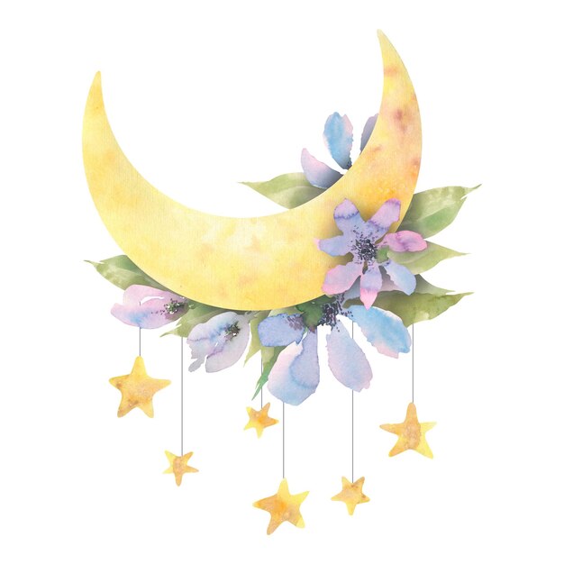 The moon with delicate lilac flowers leaves and suspended stars A childish cute illustration Watercolor composition For the design and decoration of prints postcards posters stickers metrics